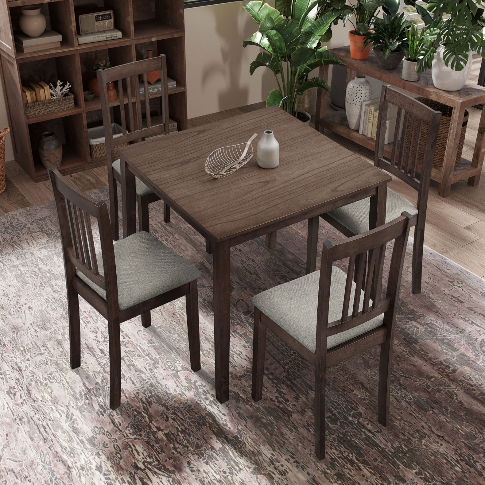 Wooden Dining Table Set, 1 Table with 4 Chairs, Mid Century Square Table and Upholstered Dining ...