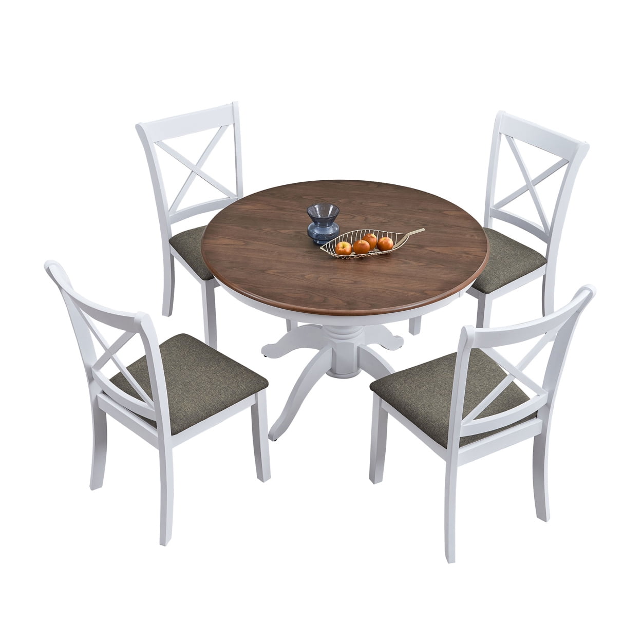 Wooden Dining Table Set for 4 Persons, Modern Design Round Kitchen Table with Curved Trestle ...