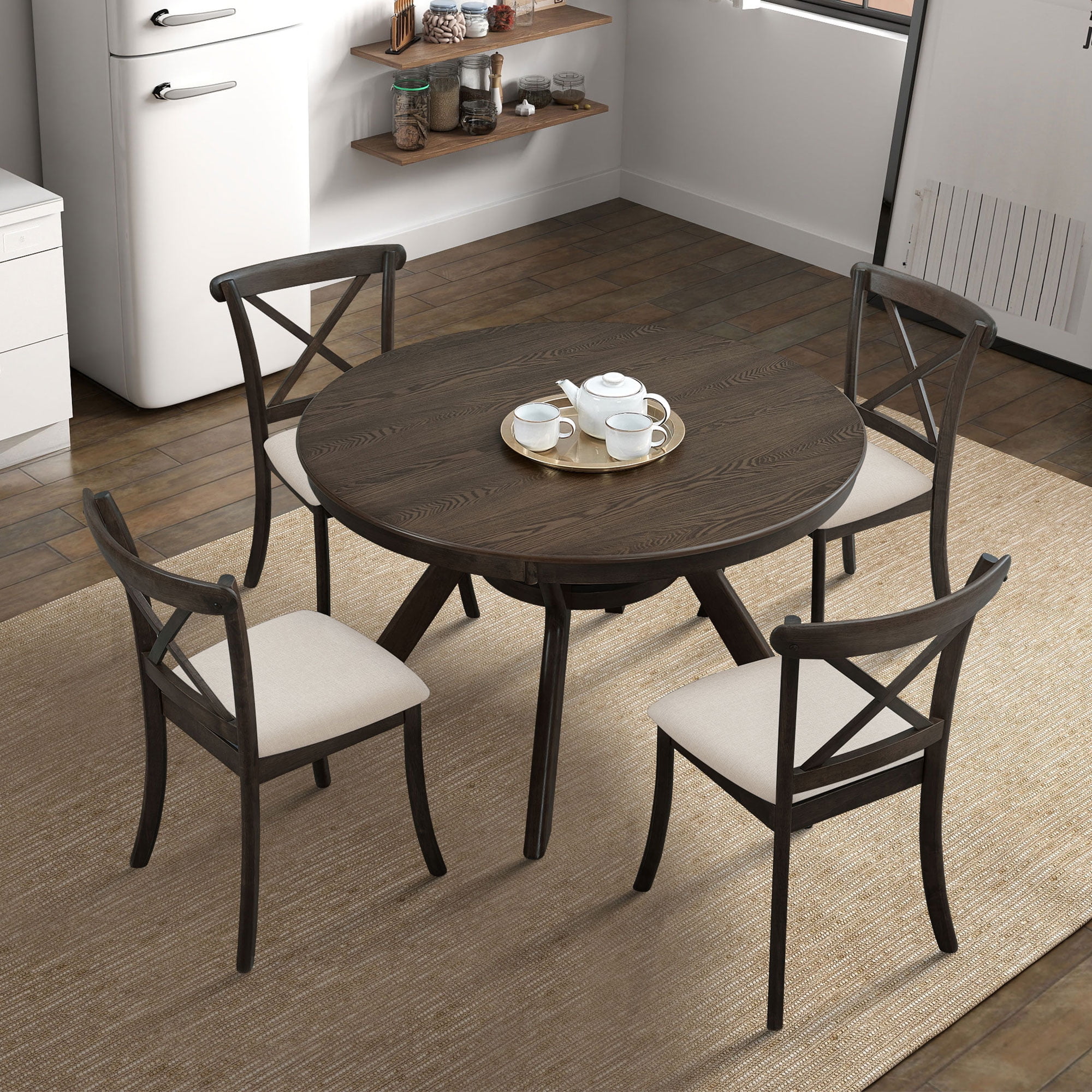 Wooden Dining Table Set, Mid Century Modern Round Rubber Wood Kitchen Table and Cross Back ...