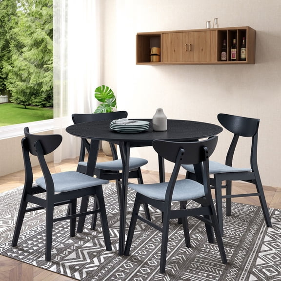 Wooden Dining Table Set, Modern Simple Design Round Kitchen Table and Fabric Upholstered Dining Chairs for Dining Room, Kitchen, Saving Space, 1 Table with 4 Chairs (Black)