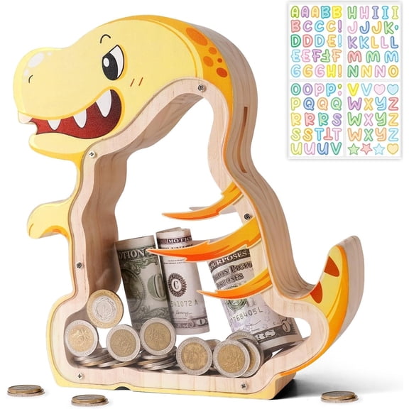 Wooden Dinosaur Piggy Bank for Kids, Triceratops Money Coin Bank for Kids, Unbreakable Dino Piggy Bank, DIY Personalizable Safe Money Box with Stickers, Toddler Christmas Birthday Gift