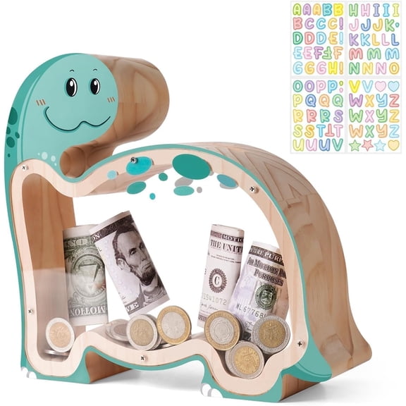Wooden Dinosaur Piggy Bank for Kids, Triceratops Money Coin Bank for Kids, Unbreakable Dino Piggy Bank, DIY Personalizable Safe Money Box with Stickers, Toddler Christmas Birthday Gift
