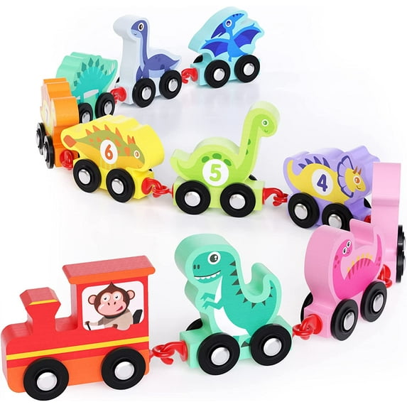 Wooden Dinosaur Train Set with Numbers,11 Pieces Train Cars Includes Locomotive, Count & Color Montessori Educational Toys for Toddlers Age 1 2 3 4