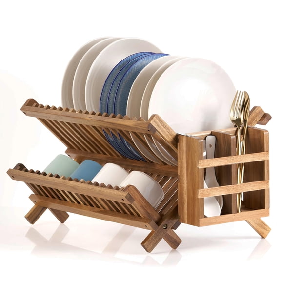 Wooden Dish Drying Rack For Kitchen Counter 2-tier Collapsible Bmaboo With Utensil Holder-large Folding Drainer Flatware Holder 34