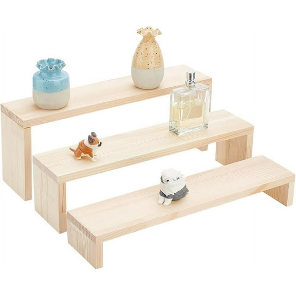 Wooden Display Riser Stand Tiered Countertop 3 Tier Counter Shelf Display Shelf for Perfume Makeup Figure Dolls Collection Condiment Log Color Burlywood Width 13.78inch(35cm) 1set