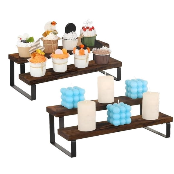 Wooden Display Riser Stand, Tiered Perfume and Cologne Organizer Stand, 2 Tier Spice Rack Organizer, Rustic Display Shelf for Candles (2 Tier, 2 Pack)