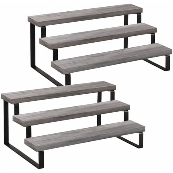 Wooden Display Riser Stand, Tiered Perfume and Cologne Organizer Stand, 3 Tier Spice Rack Organizer, Rustic Display Shelf for Candles (3 Tier,2Pack,Grey)