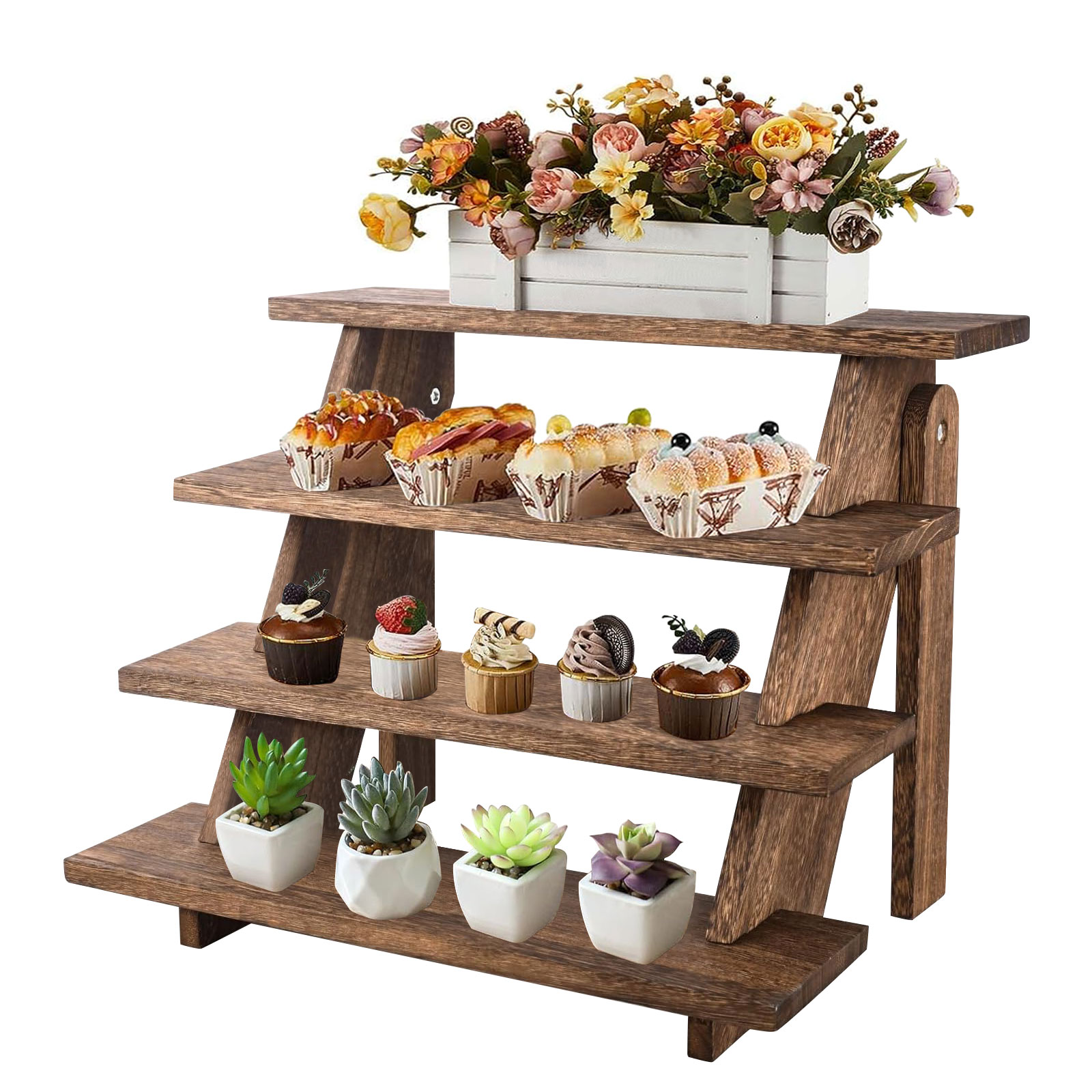 BalsaCircle 21" Whitewashed 4 Tier Wooden Cupcake Holder Ladder Dessert ...