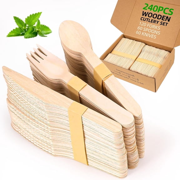 Wooden Disposable Utensils Set, 240 PCS Compostable Silverware Cutlery (120 Forks, 60 Spoons, 60 Knives), Eco Friendly Wooden Utensils for Parties & Catering, Alternative to Bamboo Utensils