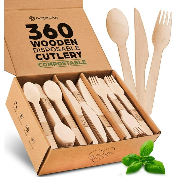 Wooden Disposable Utensils Set, 360 PCS Compostable Silverware (120 Forks, 120 Spoons, 120 Knives) Eco Friendly, Plastic-Free Cutlery for Parties & Catering, Alternative to Bamboo Utensils
