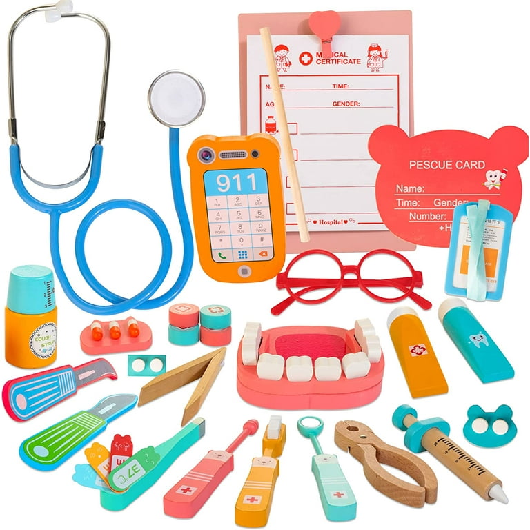 Wooden Doctor Kit for Kids, 39-Piece Pretend Dentist Set with
