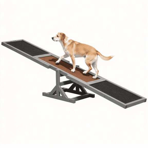 Wooden Dog Agility Seesaw, 71" Pet Training Exercise Teeter Totter, Weather Resistant Outdoor Platform Toy with Anti-Slip Surface, Gray for All Sized Dogs