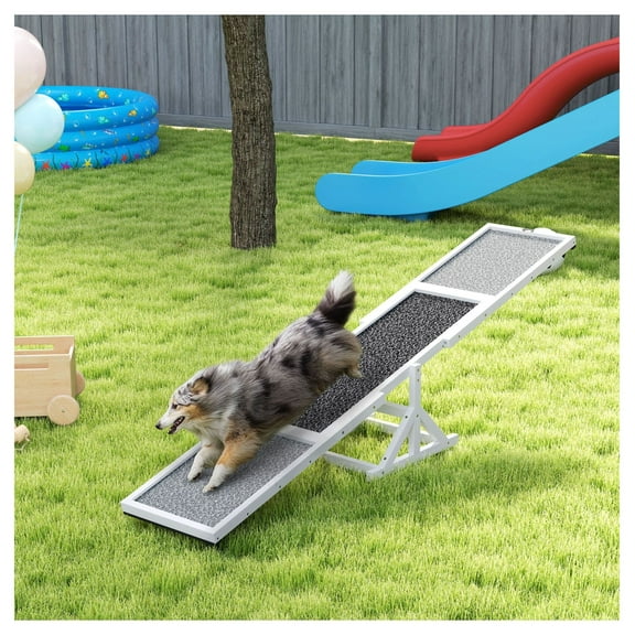 Wooden Dog Agility Seesaw for Training and Exercise, Weather Resistant, 83" L x 16" W x 14" H, White