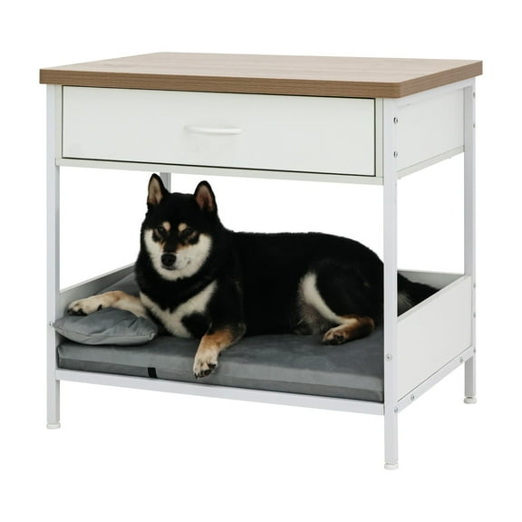 Wooden Dog Bed Nightstand End Table with Storage Drawer, 3-in-1 Indoor Pet Bed Furniture for Small & Medium Dogs, Waterproof Surface, Metal Frame & Wood Design，White