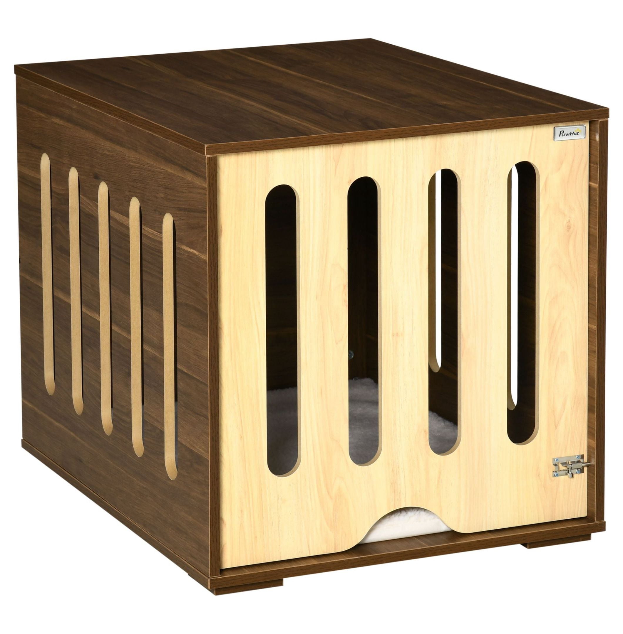 View of Wooden Dog Crate End Table with Cushion, Side Entry, Brown - Small Dog ...