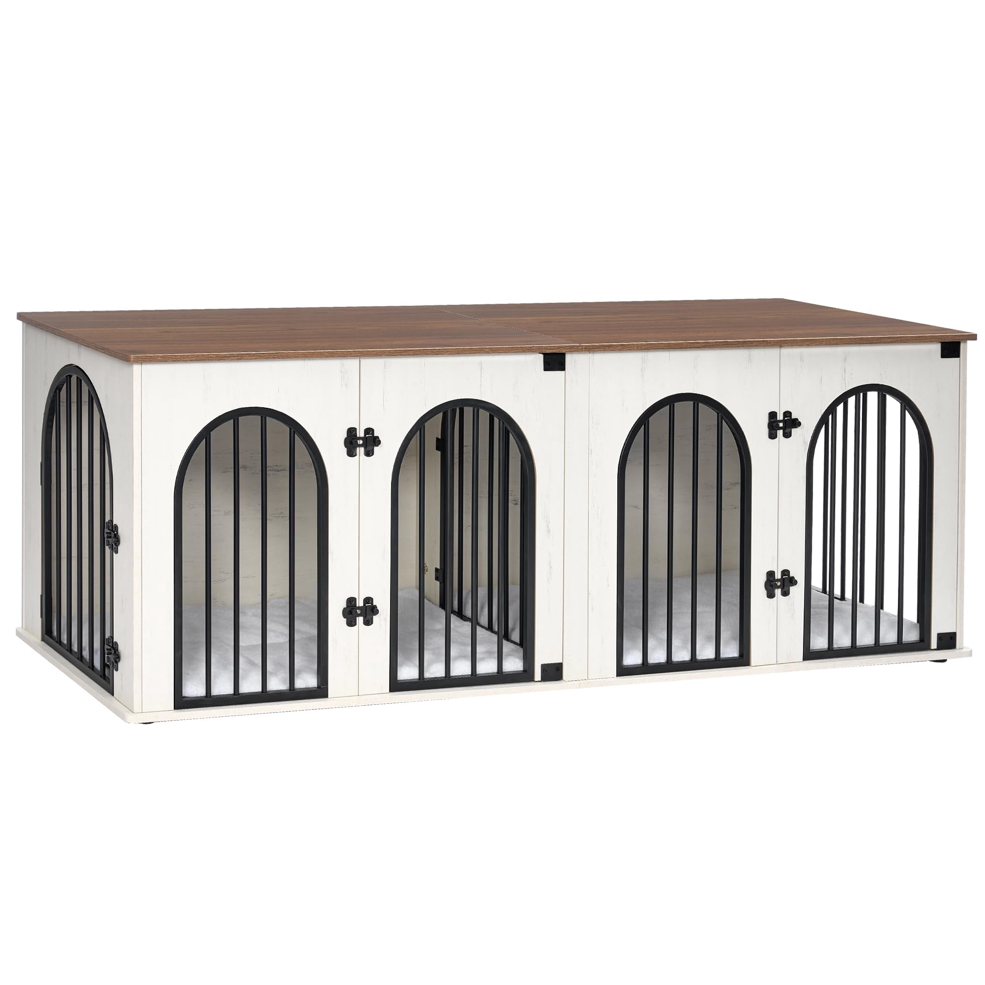Wooden Dog Crate Furniture for 2 Dogs, XXL Heavy Duty Indoor Kennel TV Stand with Removable Divider, Medium Large Dog Cage Includes Washable Cushion, White Brown DFC81914B, white