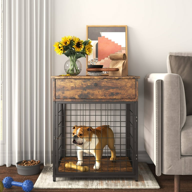 Wooden Dog Crate Furniture 2 in 1 Pet Cage and End Table 20 Length Small Dogs Kennel with Lockable Door Home Side Table with Flip Drawer for Living Room Bedroom Rustic Brown D8929 Walmart