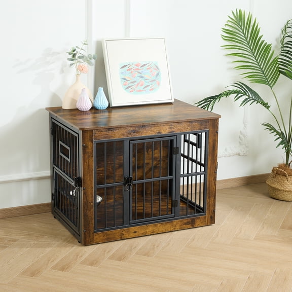 Decorative Wooden Dog Crate Furniture 32.7"x22.7"x25.4' with 3 Doors Bowls