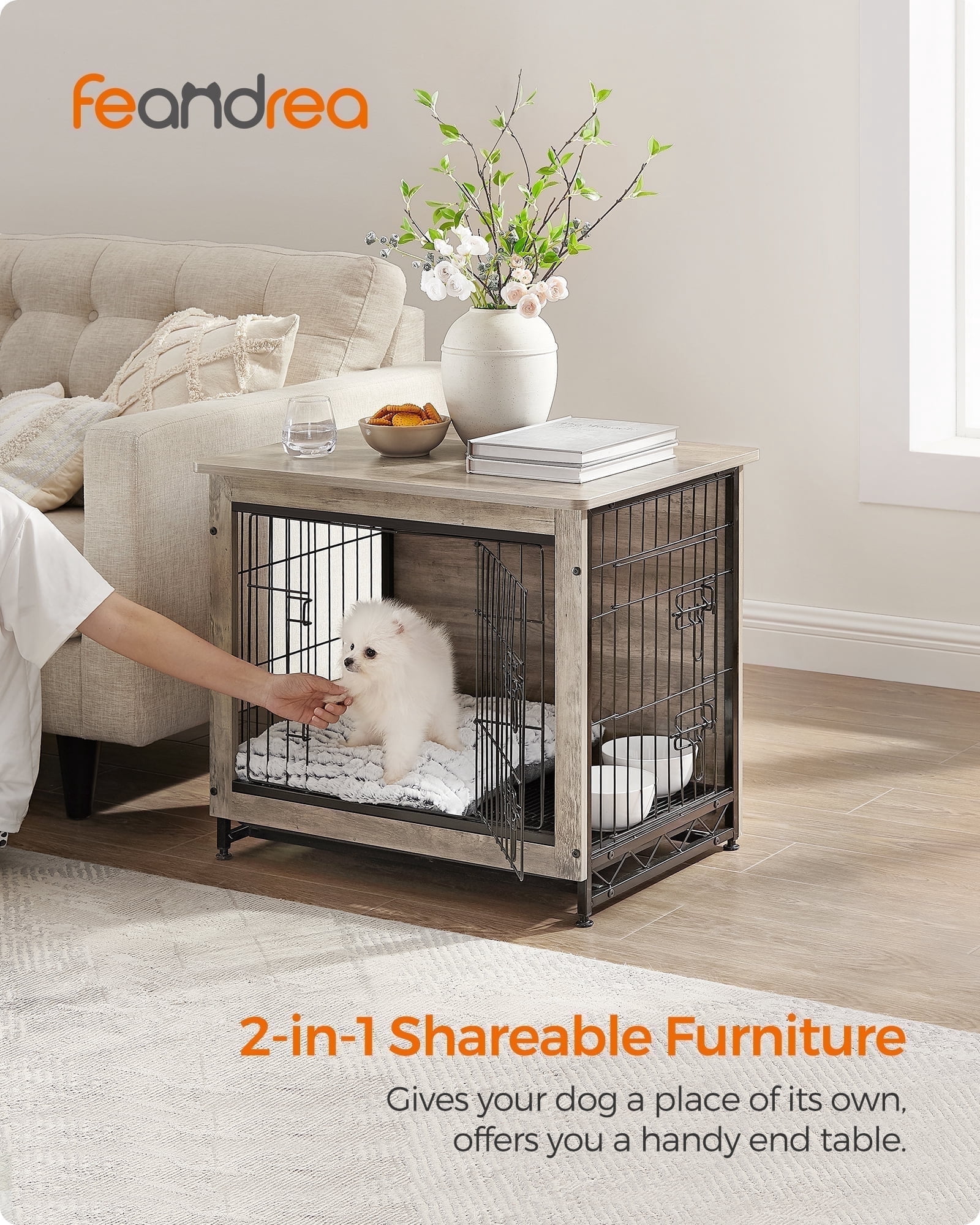 Wooden Dog Crate Furniture,Double-Doors Kennel for Dogs Indoor up to 30 lb, Removable Tray, End Table Dog Crate for Decoration 27.2"L x 20.1"W x 23.6"H, Greige