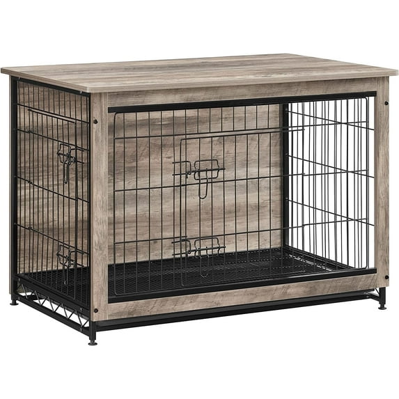 Wooden Dog Crate Furniture,Double-Doors Kennel for Dogs Indoor up to 70 lb, Removable Tray, End Table Dog Crate for Decoration 38.6"L x 25.6"W x 26.8"H,Greige