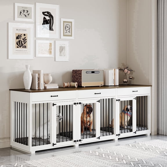 Jenser 3-Door 95" Wooden Furniture Style Crate for Dogs with 2 Dividers