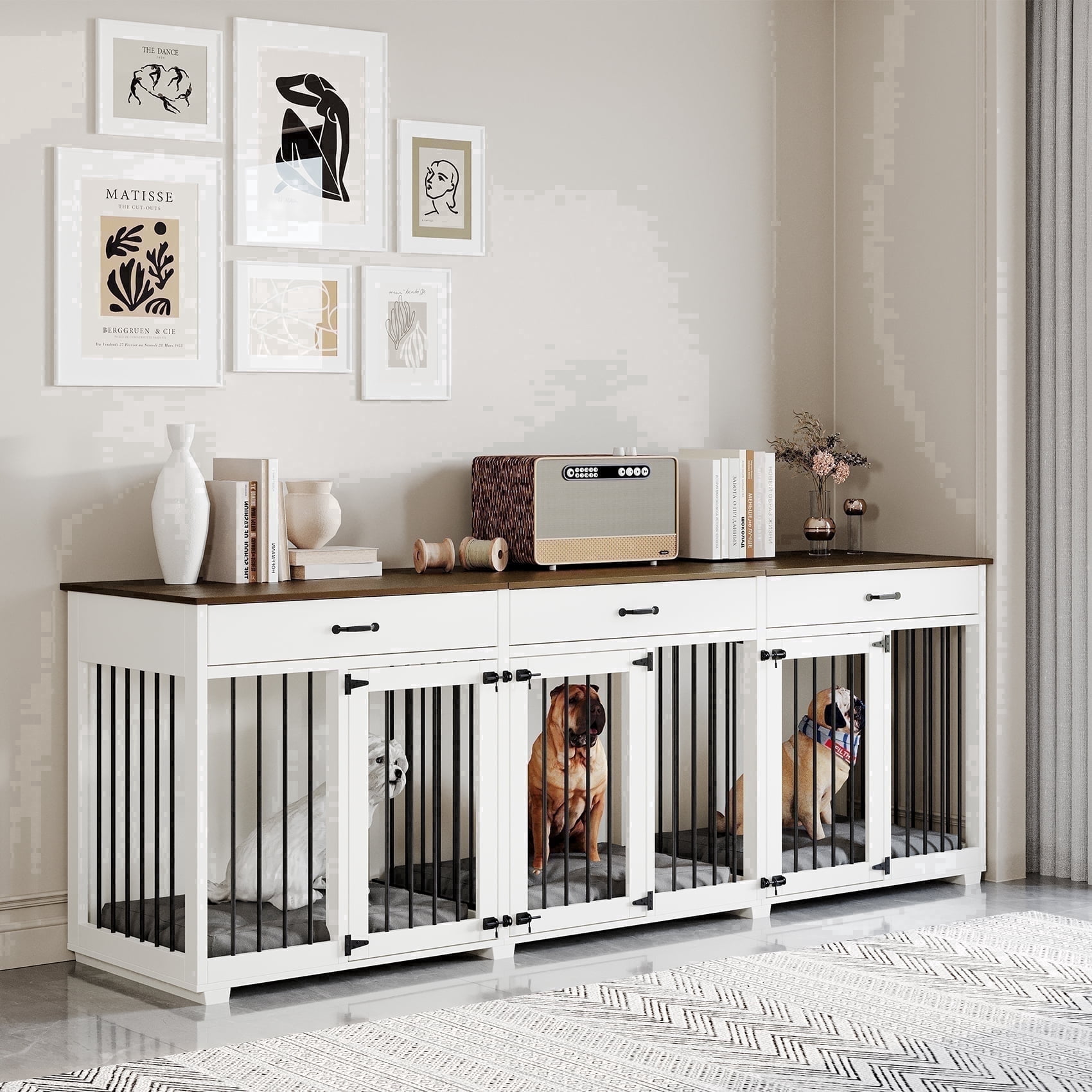 Jenser 3-Door 95" Wooden Furniture Style Crate for Dogs with 2 Dividers