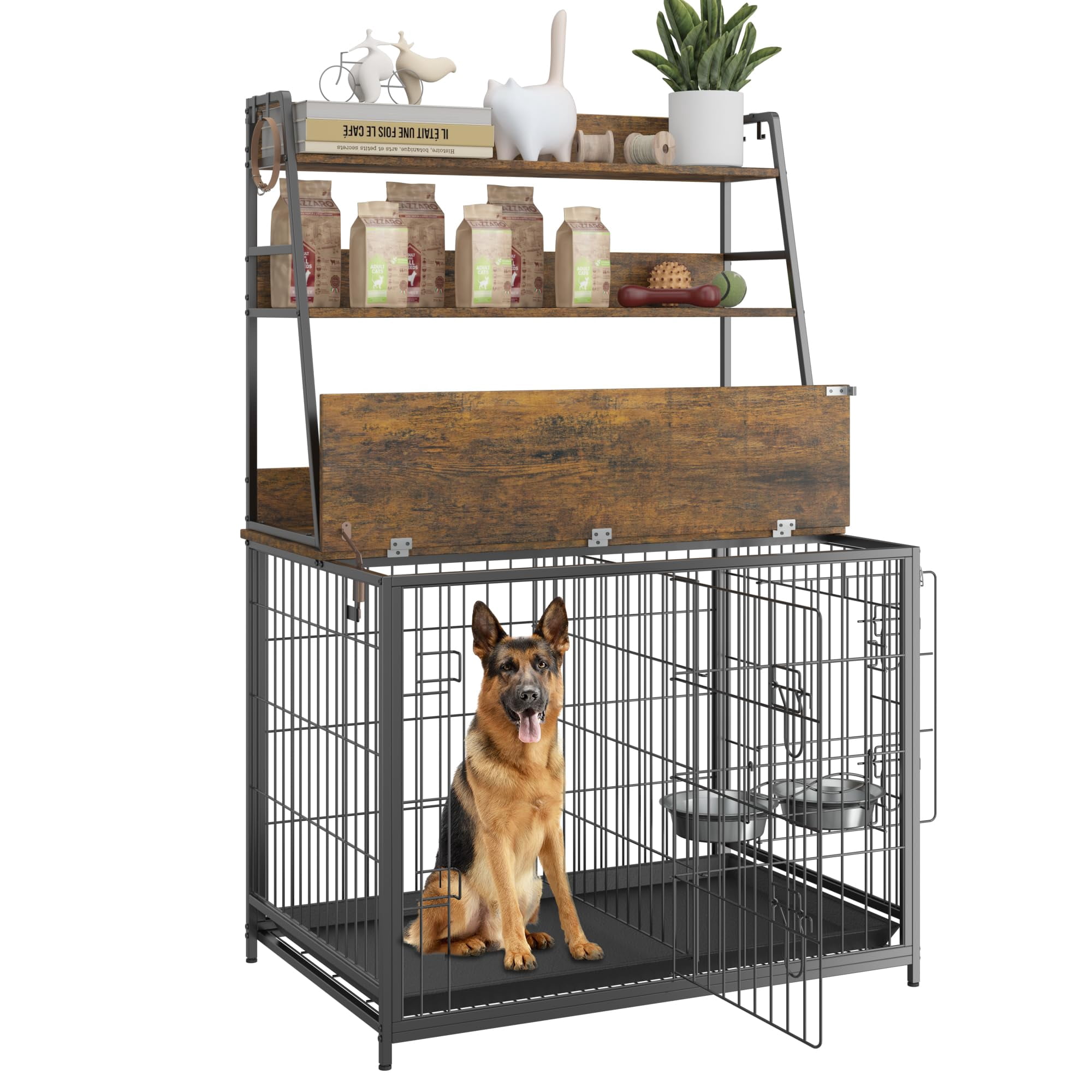 Wooden Dog Crate Furniture with Storage Shelves,Dog Kennel Indoor with ...
