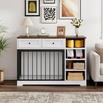 Wooden Dog Crate Furniture with 2 Drawers & 4 Shelves | Farmhouse Kennel Includes Removable Bowls