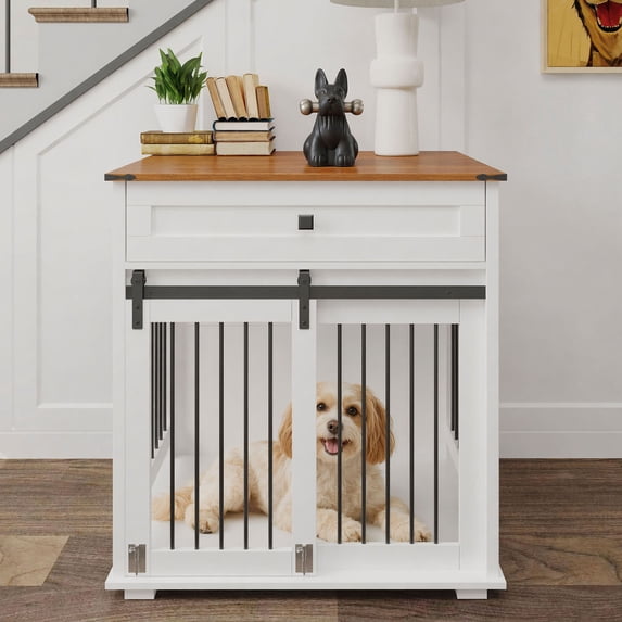 Wooden Dog Crate Furniture with Chew-Proof Design, Sliding Door and ...