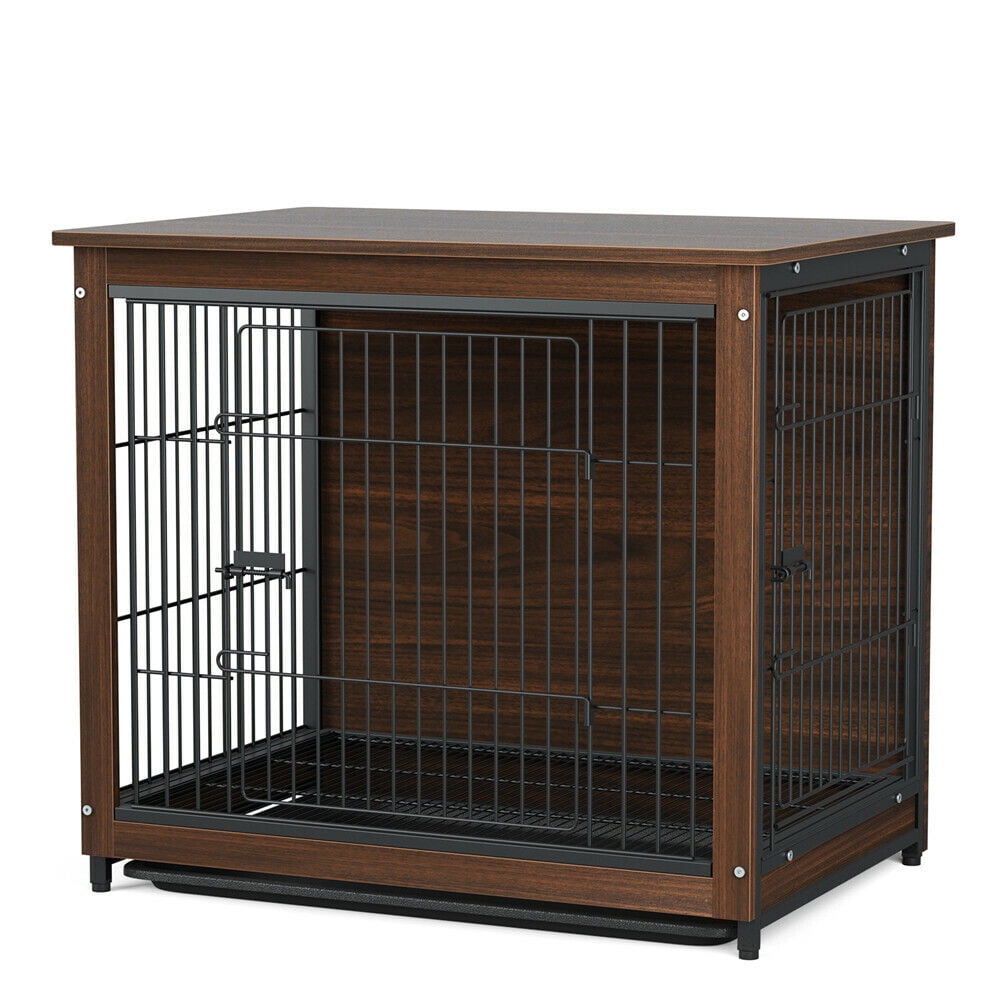 Wooden Dog Crate Furniture with Slide Tray Double Doors Wire Dog