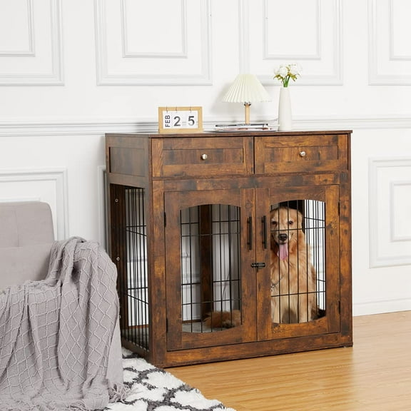 Wooden Dog Crate Table with 2 Drawers,Dog Crate Furniture with Cushion,3-Doors Dog Furniture,Indoor Dog Kennel,Dog House,Dog Cage
