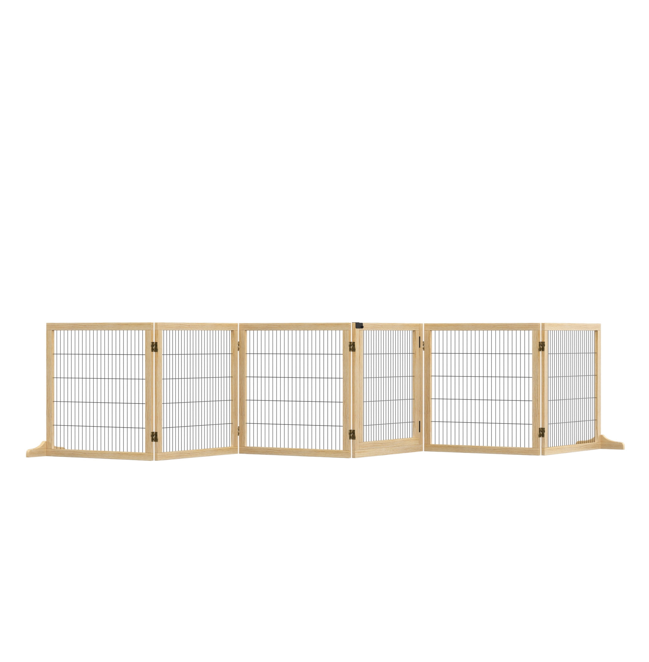 Wooden Dog Gate, 170" Freestanding Pet Gate, 6-Panel Foldable Dog Safety Barrier with 2 Support Feet for House Doorway Stairs, Small and Medium Dogs, Natural Wood