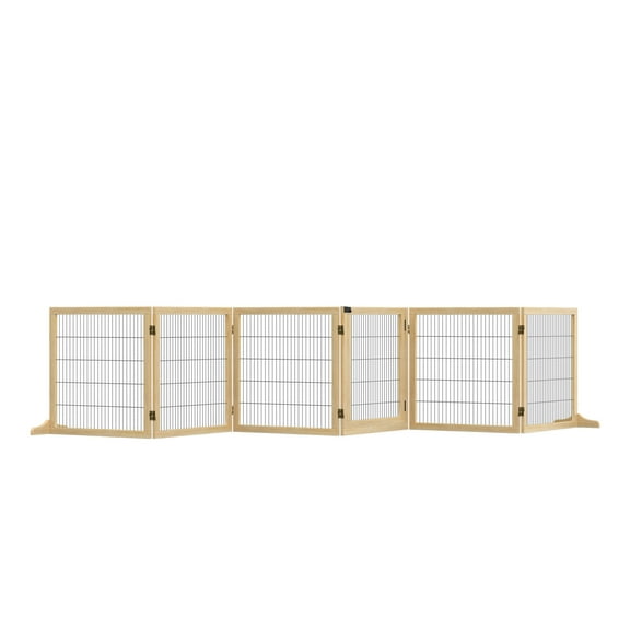 Wooden Dog Gate, 170" Freestanding Pet Gate, 6-Panel Foldable Dog Safety Barrier with 2 Support Feet for House Doorway Stairs, Small and Medium Dogs, Natural Wood