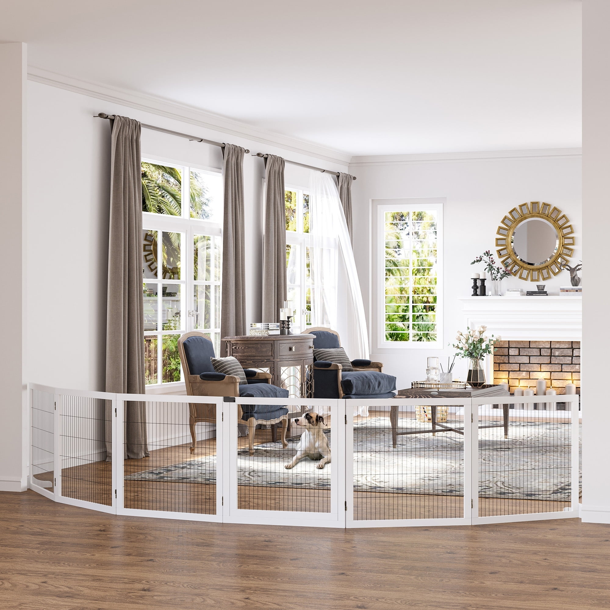 Wooden Dog Gate, 170" Freestanding Pet Gate, 6-Panel Foldable Dog Safety Barrier with 2 Support Feet for House Doorway Stairs, Small and Medium Dogs, White