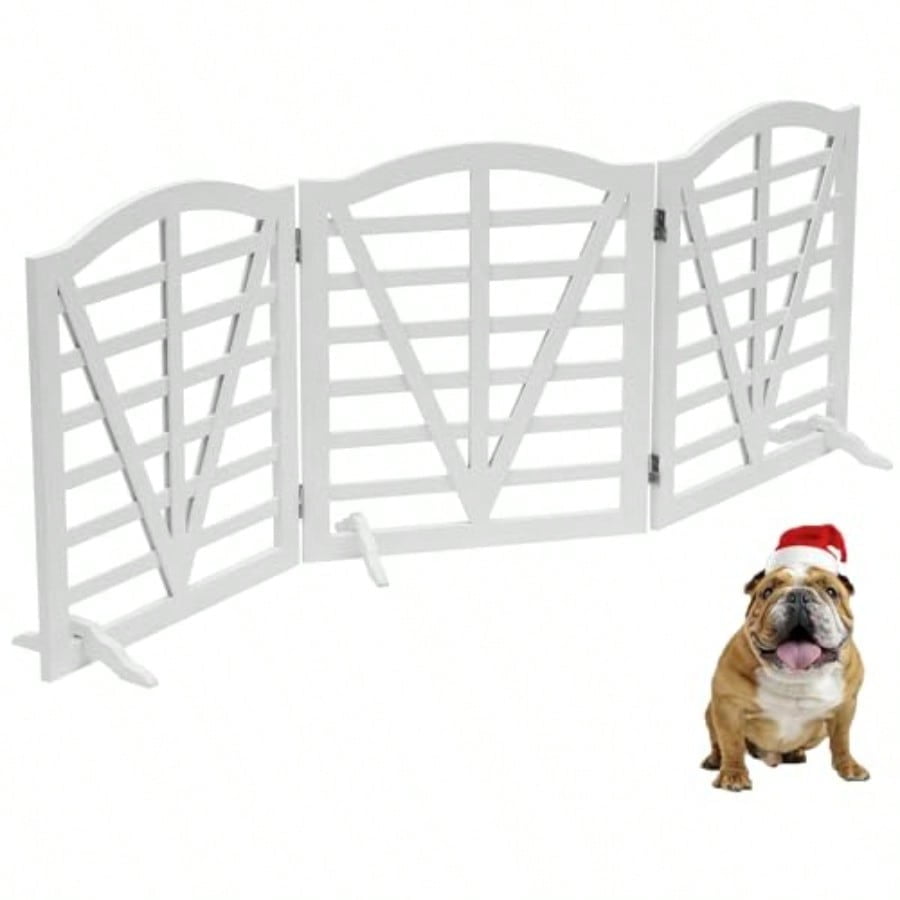 Wooden Dog Gate Freestanding Pet Gate Foldable Pet Gate for Dogs,Indoor Dog Fences with 3Foot Supportershite,3Pane 23.6" Height-White.