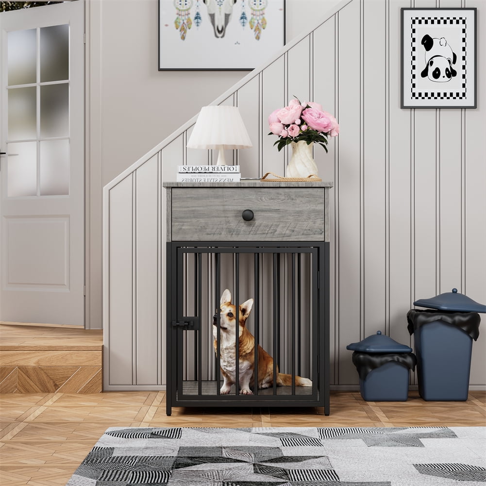 Wooden Dog House, Indoor Dog Crate Pet Kennel with Storage Drawer, Chew ...