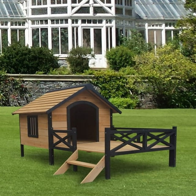 Outdoor Indoor Wooden Dog House, Weatherproof Pet Shelter with Hinged