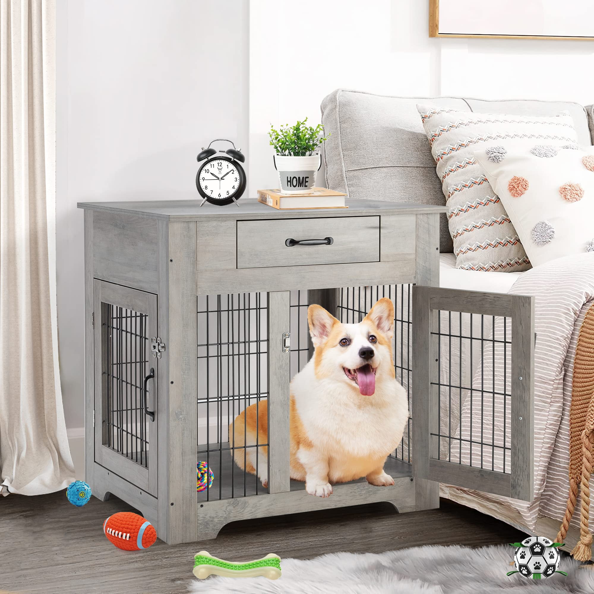 Wooden Dog Kennel Dog Crate Furniture End Table with Drawer, Pet Dog — free download
