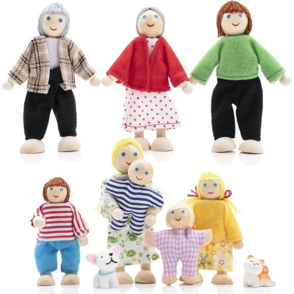Wooden Doll House People of 8 Miniature Figures and 2 Pets, Dollhouse Dolls Family Set- Dollhouse Accessories for Girls Toddler Kids Pretend Play and Imaginative Fun