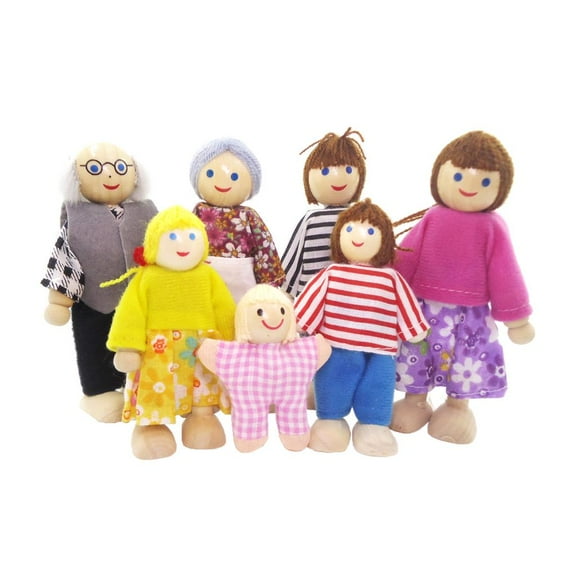 Wooden Dollhouse - 7 Pieces Set with Mom, Dad, Grandparents, Children, Baby: 1:12 Scale Doll House Modern Family Action Figures
