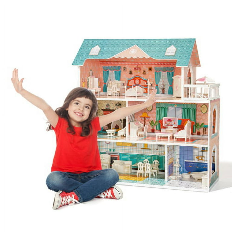 Wooden Dollhouse, Doll House has 3-Story functional areas for