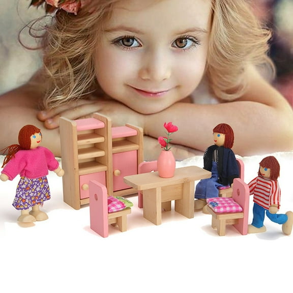 Wooden Dollhouse Family Set with Miniature Furniture and People for Educational Kids