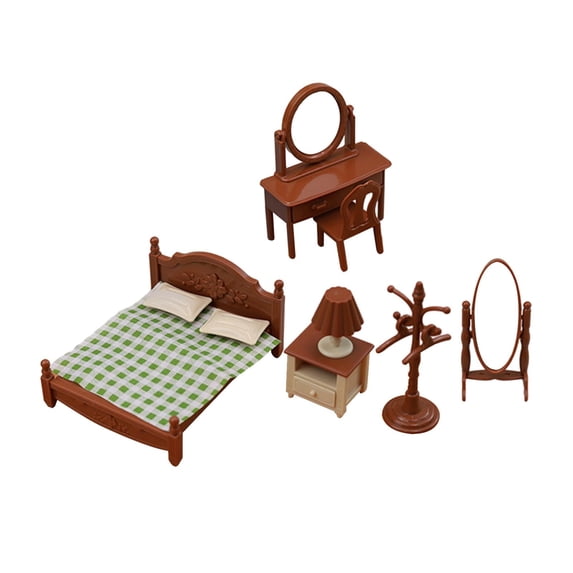Wooden Dollhouse Furniture 1/12 Scale,Dollhouse Bedroom Furniture include Dollhouse Bed & Dressing Table & Wardrobe (Classical Miniature Furniture 6pcs)