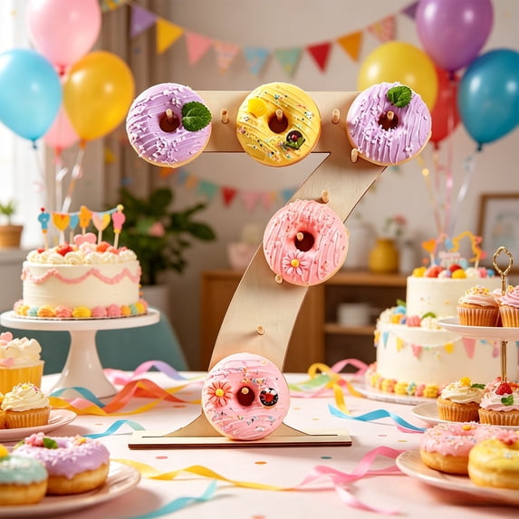 Wooden Donut Display Stand With Number 5 To 9, Rustic Dessert Table Holder, for Birthday, Wedding, Graduation, Class Party And Holiday Celebration Decor