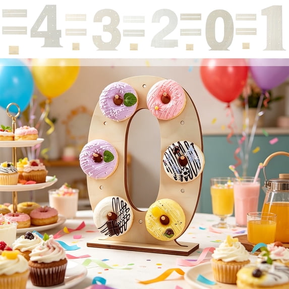 Wooden Donut Stand Number 0-4 Display Rack - Dessert Table Party Decor, Donut Holder Stand for Birthday Wedding Graduation Season Celebration Events
