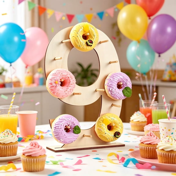 Wooden Donut Stand for Birthday, Wedding, Graduation, Dessert Table Display - Sturdy Multi-Purpose Decor for Parties and Events Beige