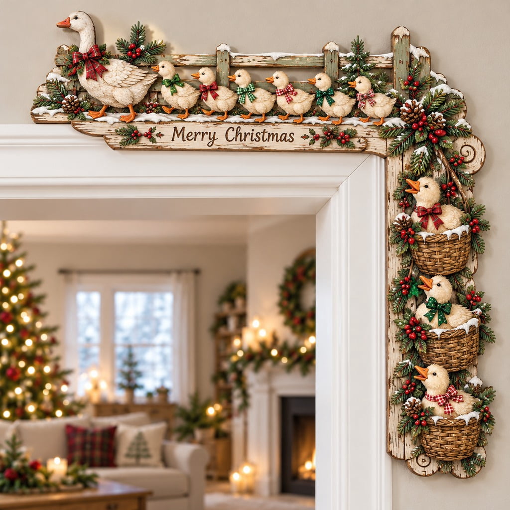 Wooden Door Corner Sign, Christmas Gosling Family with Snowy Fence for ...