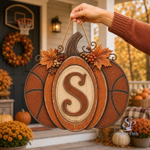 Wooden Door Hanger Basketball Pumpkin Monogram Wooden Front Door Decor for Fall Porches