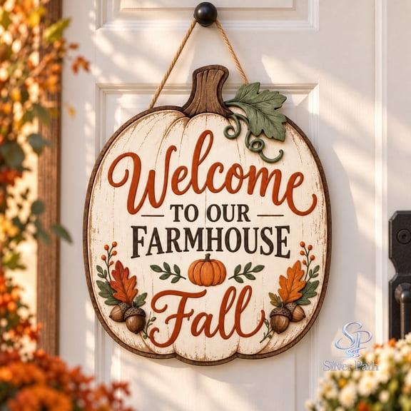 Wooden Door Hanger, Farmhouse Pumpkin Fall Rustic Welcome Sign for Front Porch Autumn Entryway