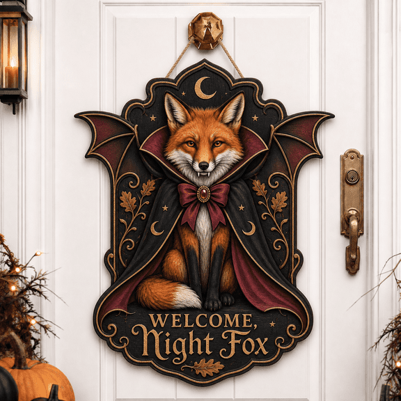 Wooden Door Hanger Fox Vampire Halloween Wood Front Door Decor for Fall Entryway